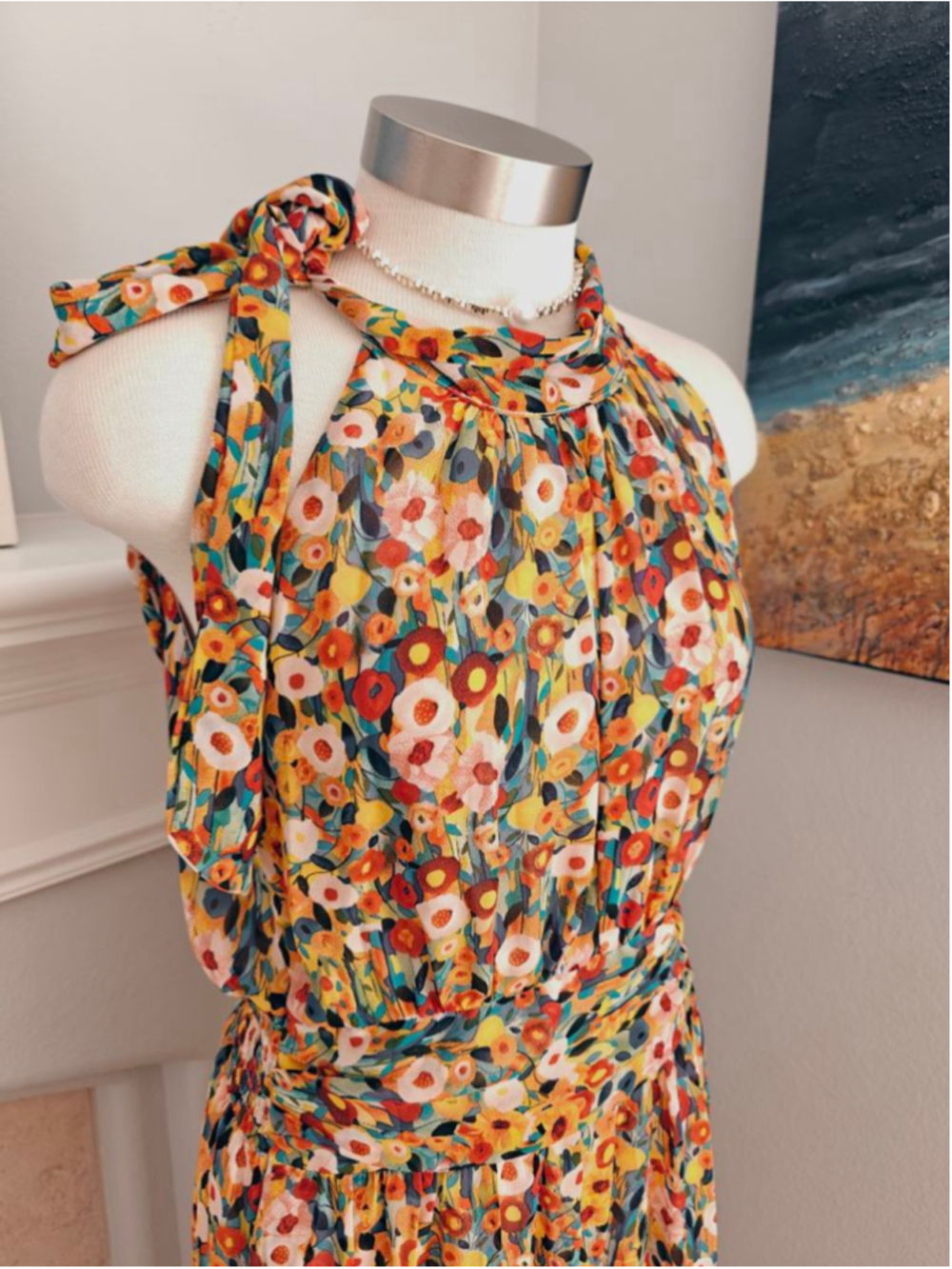 Women's Floral Halter Maxi Dress in Yellow and Orange